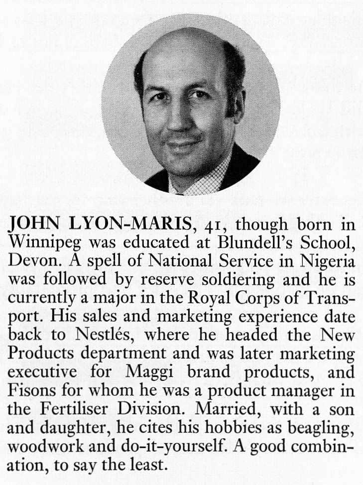 1972 John Lyon-Maris appointed as Assistant Marketing Planner at Ruislip