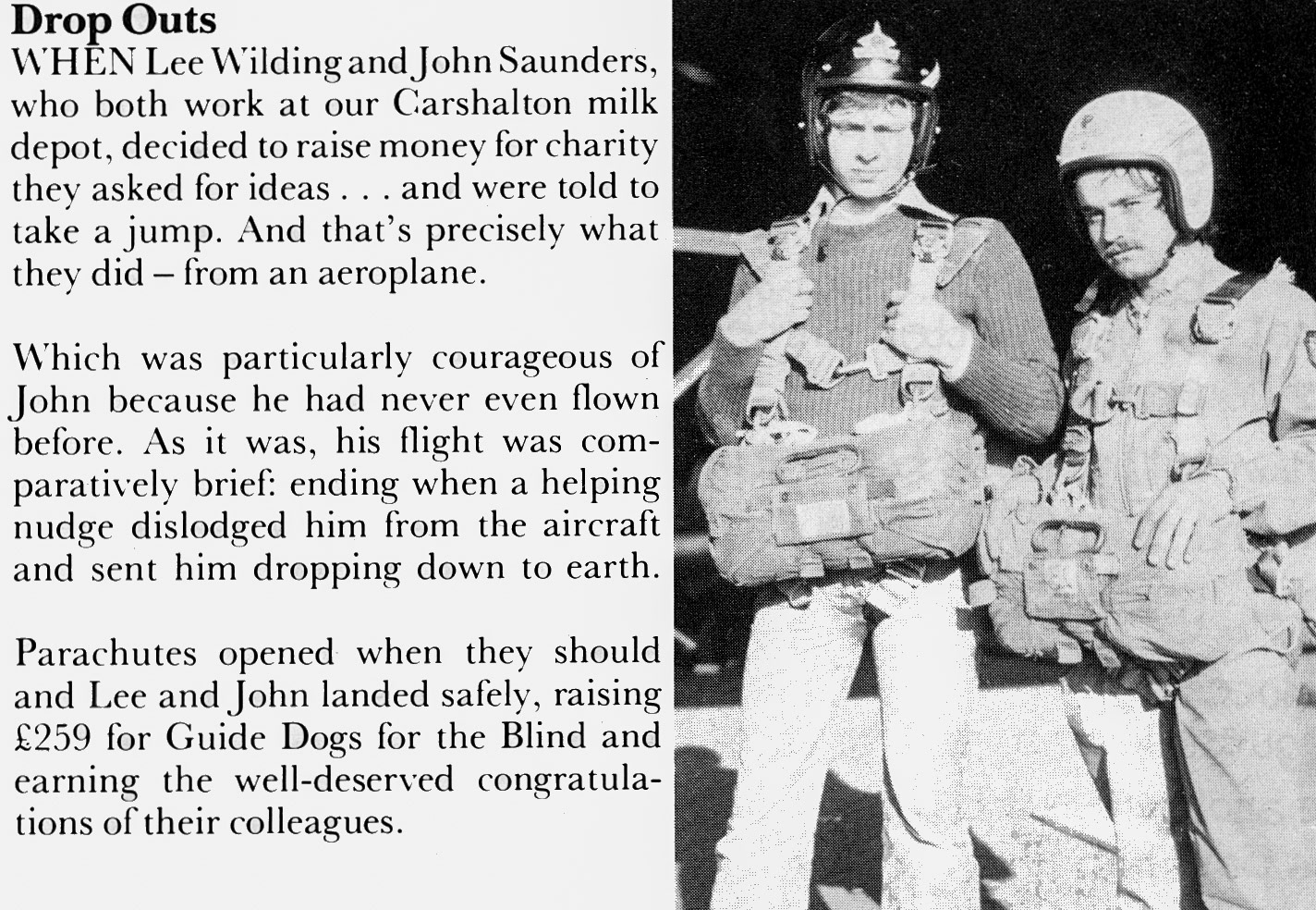 1981 Carshalton Depot staff Lee Wilding and John Saunders jump for charity. (Express News December)