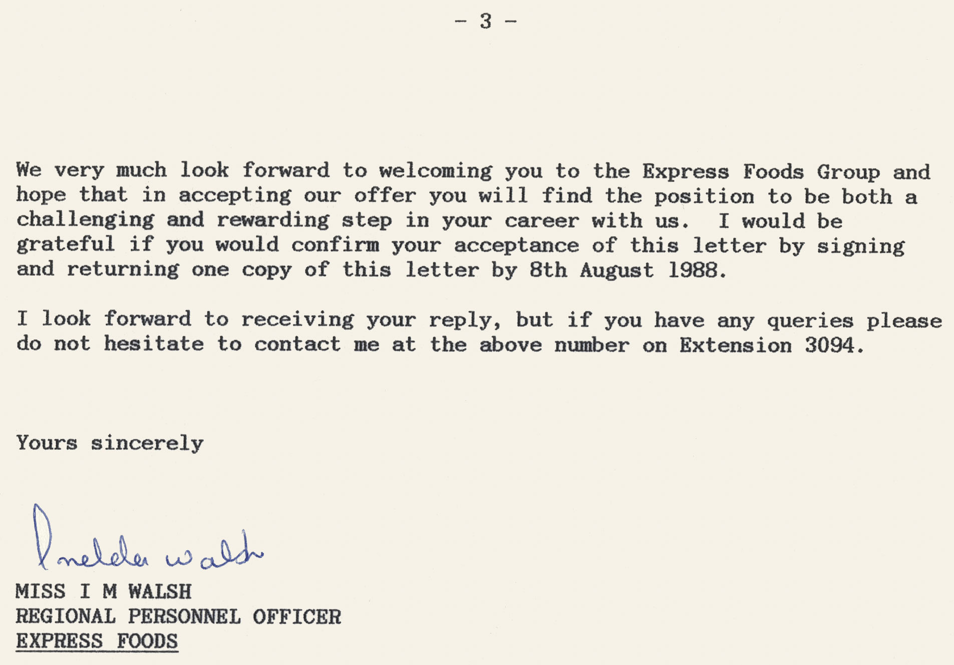 1988 Management Training Offer letter, working in the Divisional QA Office at Ruyton, under John Leach. (Courtesy Soo Rose-Cook)