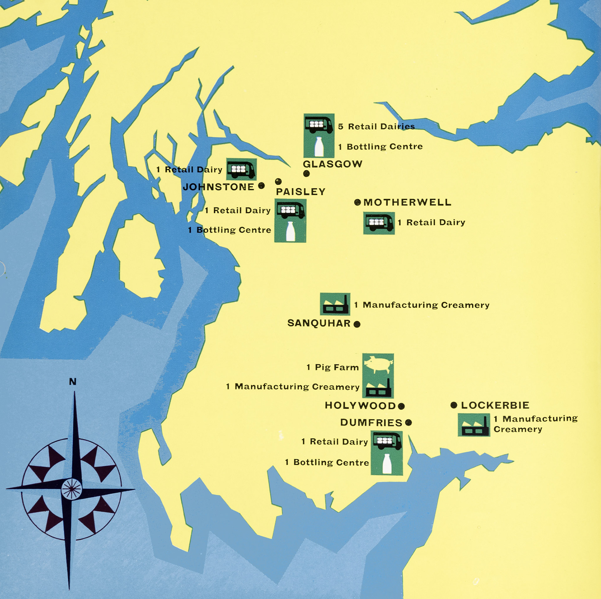 1961 Map of Express operations in Scotland, showing retail dairies in Glasgow (6), Johnstone, Paisley, Motherwell and Dumfries, bottling centres in Glasgow, Paisley and Dumfries, and Creameries at Sanquhar, Holywood (including a pig farm) and Lockerbie. (Express News Autumn)
