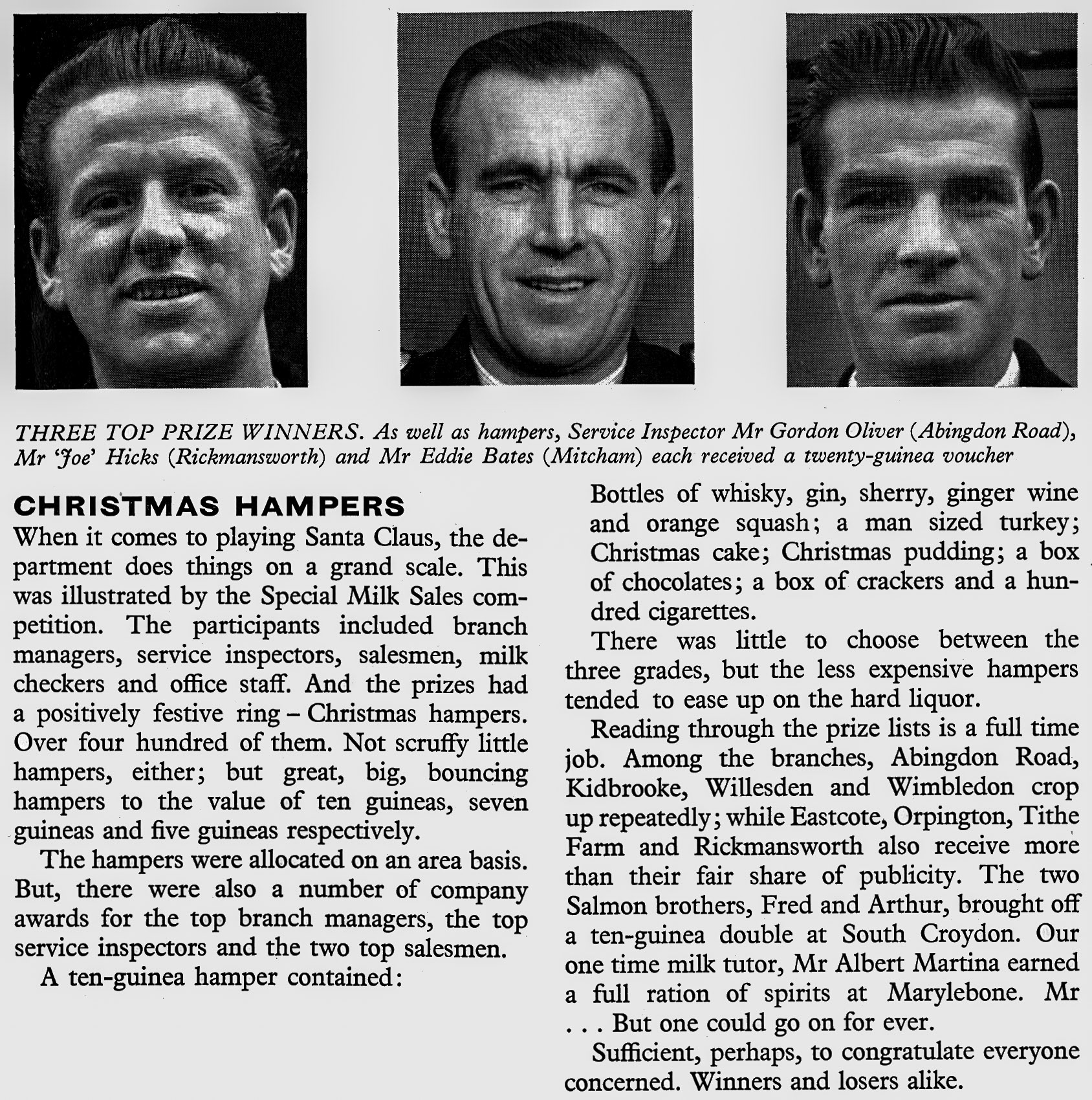 1959 Christmas Hamper winners Gordon Oliver (Abingdon Road), Joe Hicks (Rickmansworth) and Eddie Bates (Mitcham). (Express News March)