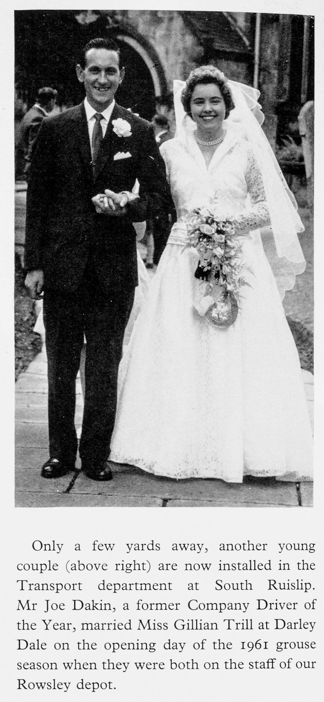 1962 Joe Dakin, Company Driver of the Year, marries Miss Gillian Trill, both working at Rowsley Depot. (Express News Autumn)