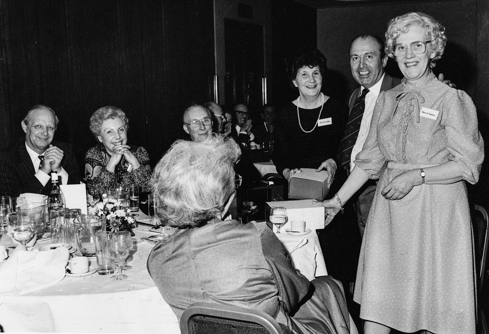 1984 Jean Smith retirement, with Derek Gray, Don Kirby, Jean Smith and Mabel Walton. (Courtesy Beryl Purslove)