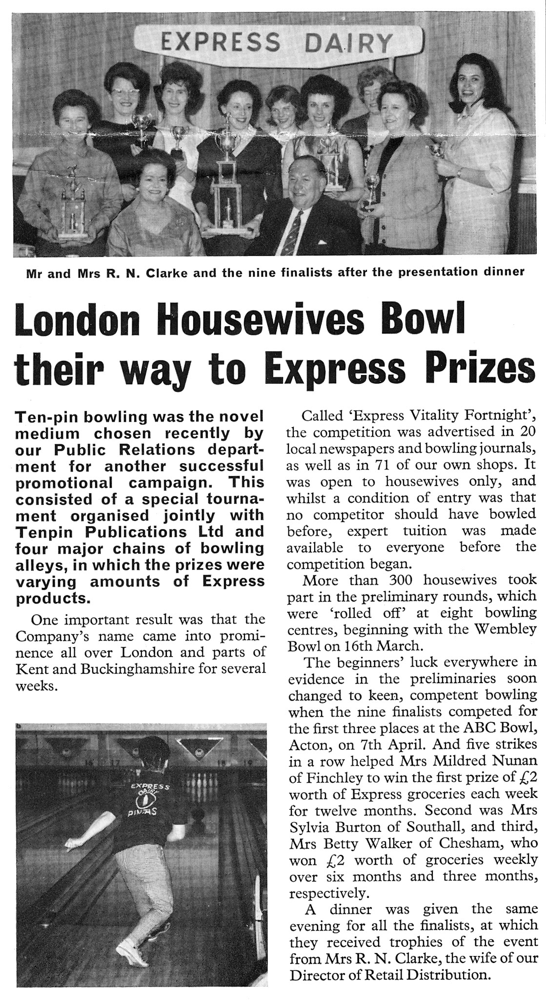 1964 'Express Vitality Fortnight' introduced housewives to ten-pin bowling. From August 'Express Extra' newsletter. Stephen John Wills remembers "We had a managers team in the 80s who bowled at Tolworth-we were called 'The Gold Tops'. Team was Alan Phillips, Alan Hazell, John Pament, myself Steve Wills and my wife Lesley Wills. The league was sponsored by Express." (Courtesy Paul Luke)