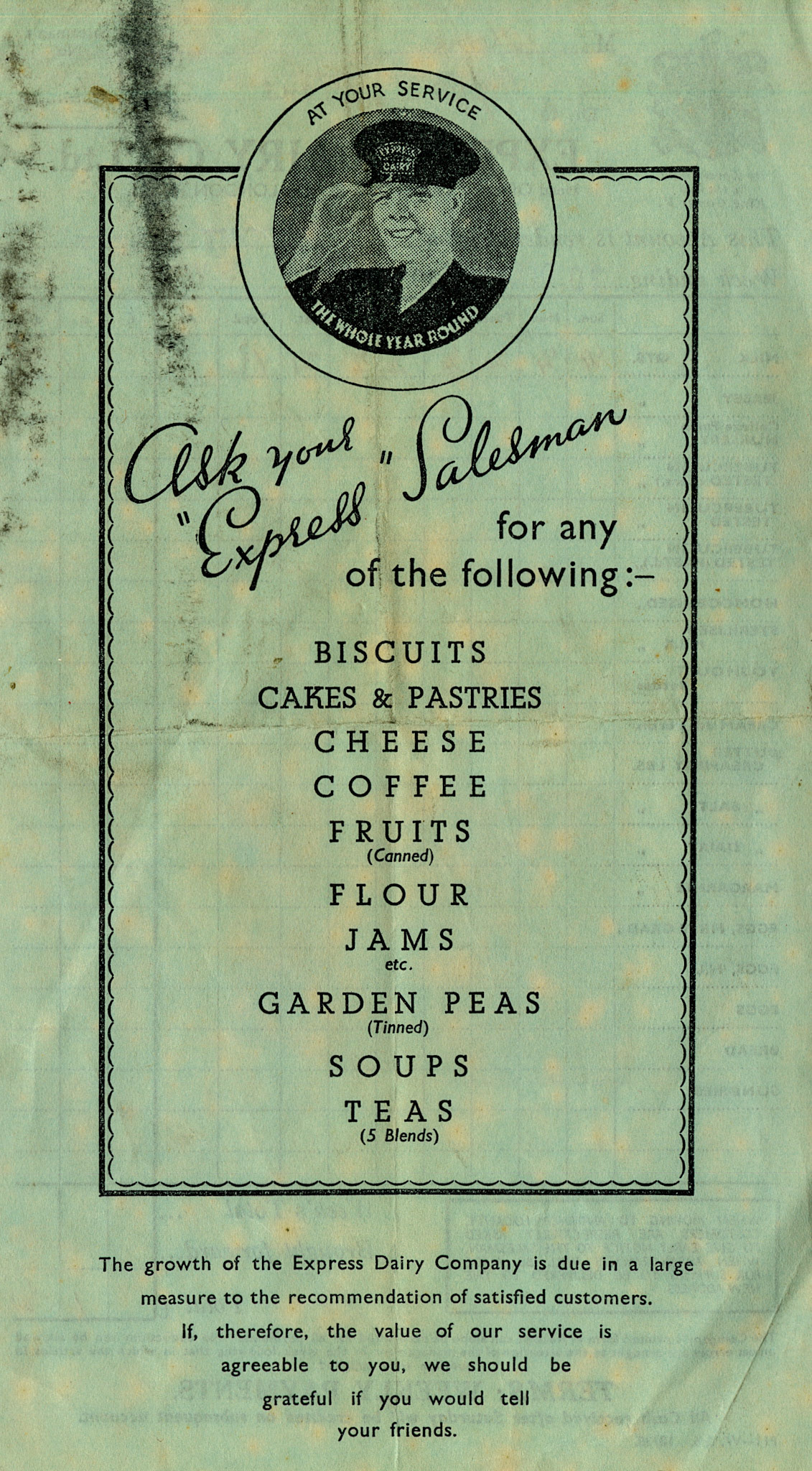 1938 Reverse of receipted milk bill for 4 Argyle Mansions, from Chelsea Depot at  3 Pont Street, SW1. (From Express Dairy Tales collection)