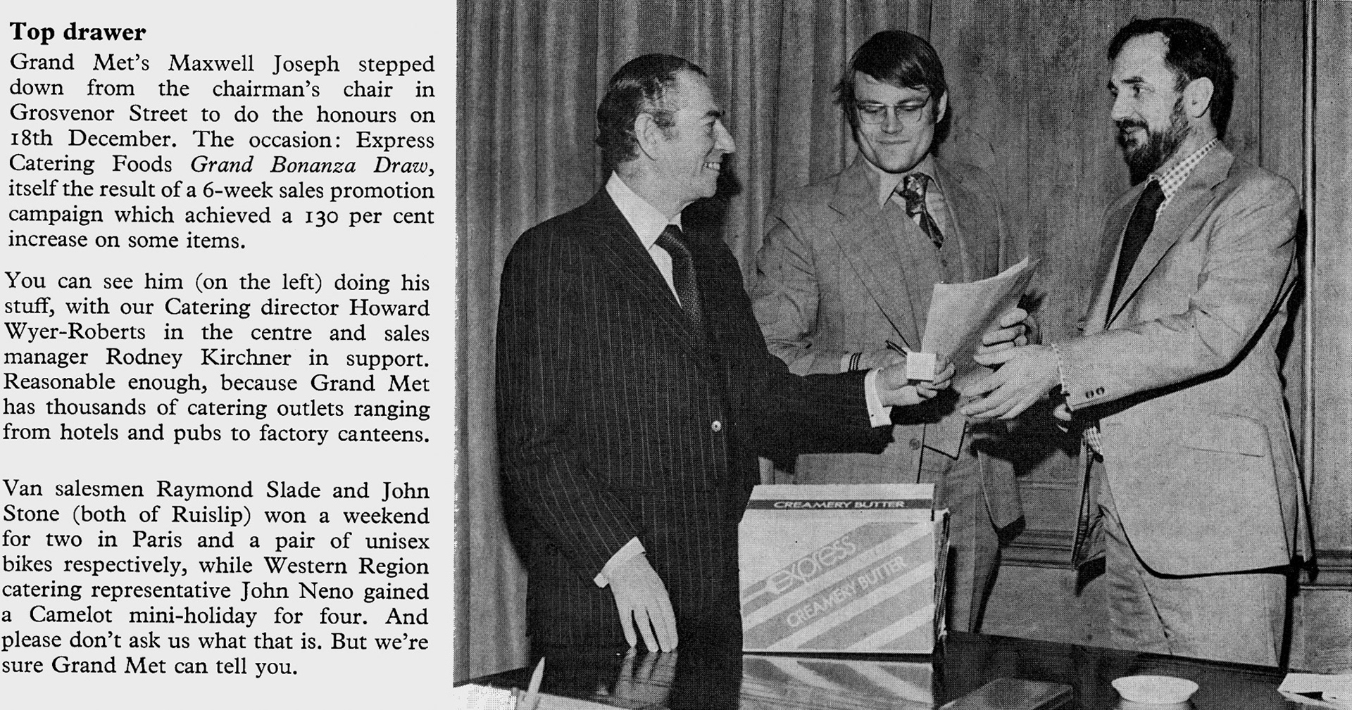 1976 Maxwell Joseph, Howard Wyer-Roberts and Rodney Kirchner at Express Catering Foods sales campaign draw. (Express News Spring)