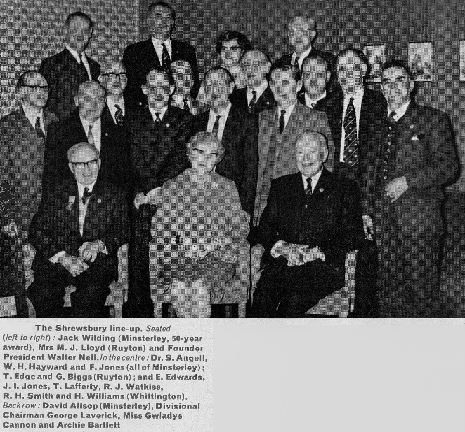1967 Minsterley, Ruyton and Whittington staff at Shrewsbury Long Service Dinner. Julie Peake comments "My grandad's there-Tom Edge" and Annie Peate adds "So lovely to see this picture of George Biggs (my grandad)". Gordon Williams adds "He told me he always liked to work with steam. As they modernised the dairy he operated the boilers by push button controls. I'm his grandson." (Express News Summer)
