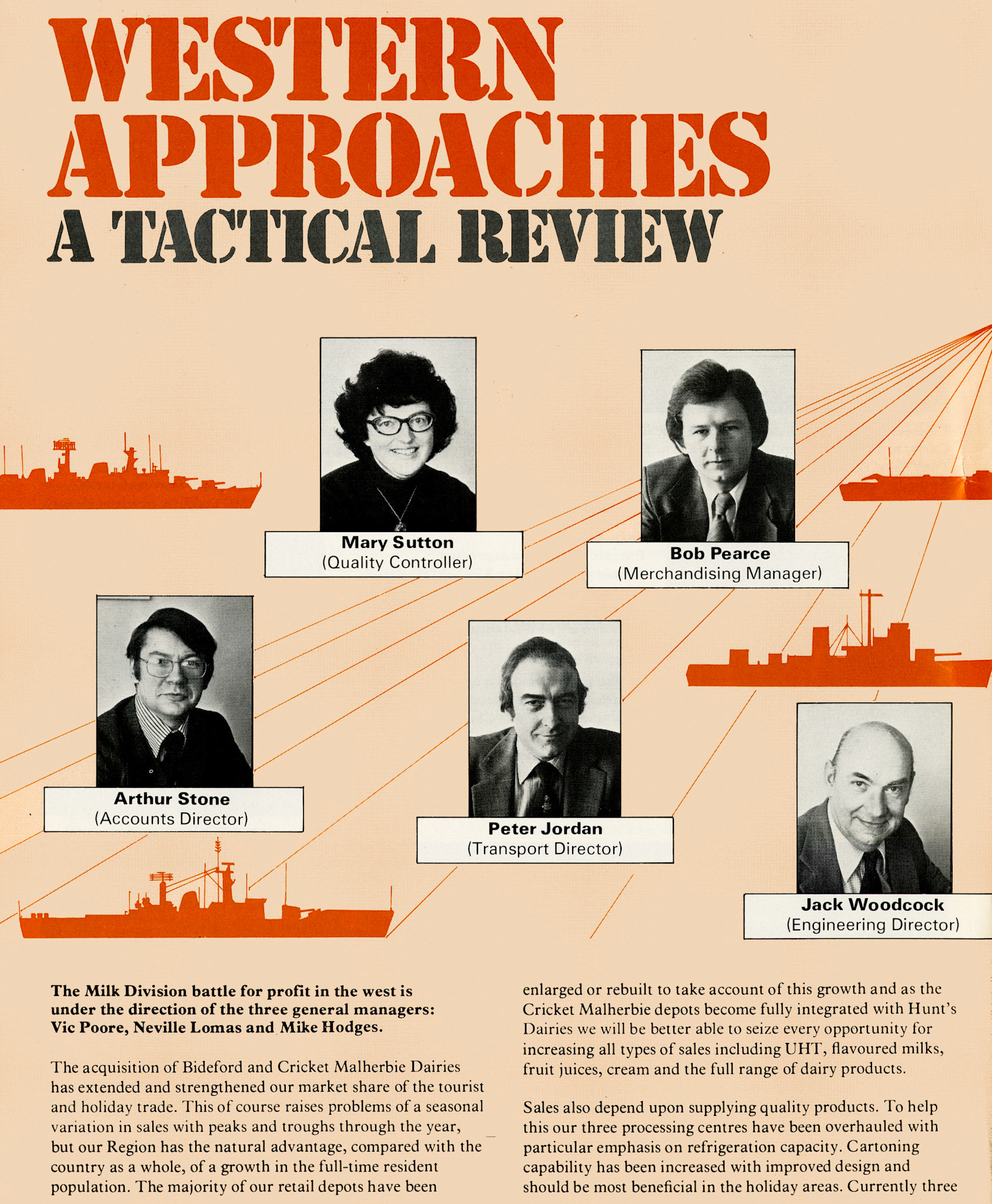1978 Western Region reorganised following the acquisition of Bideford and Cricket Malherbie Dairies. Here are Mary Sutton, Bob Pearce, Arthur Stone, Peter Jordan and Jack Woodcock. (Express News Summer)