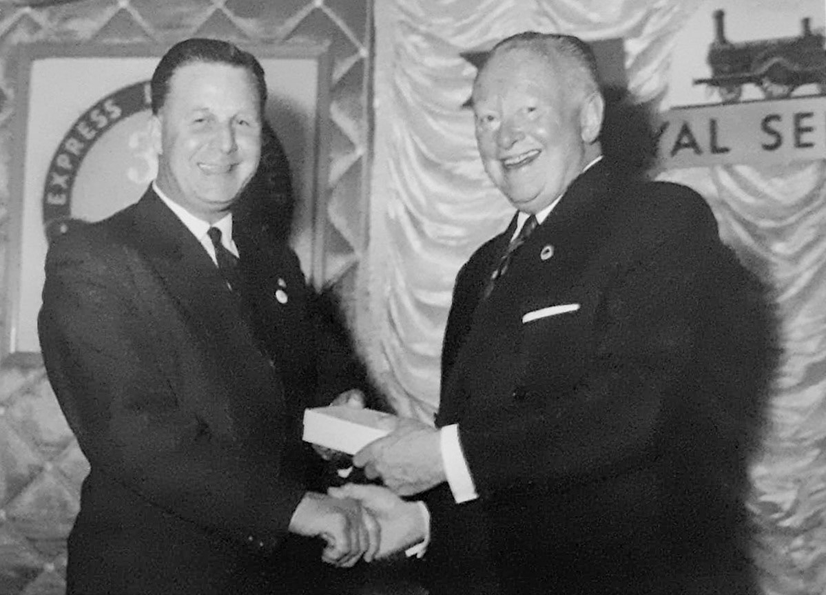 1963, Rowsley. Bill Conquest comments "My father, Leonard Conquest receiving his 30 year award, he was a driver at Rowsley. Rowsley opened in 1933." (Courtesy Bill Conquest)