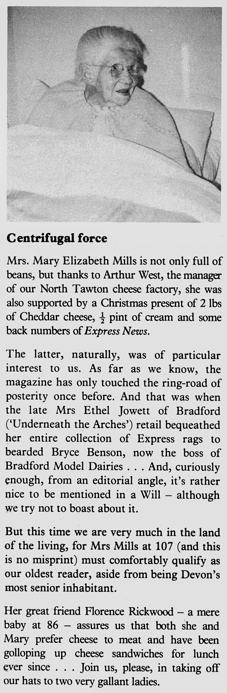 1977 North Tawton manager Arthur West presents Mrs Mary Elizabeth Mills with gifts. (Express News Spring)