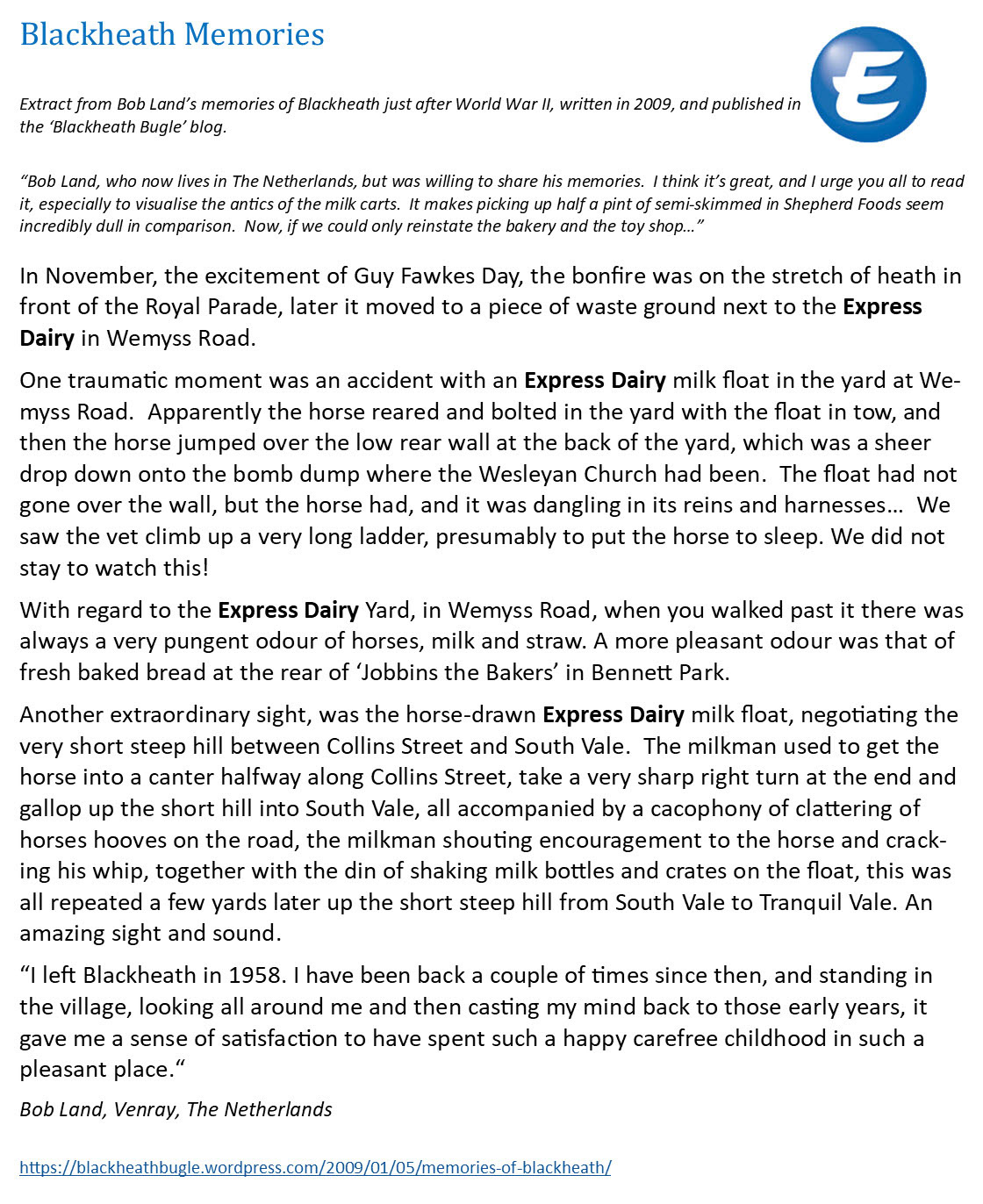 1940's Blackheath Memories (Courtesy Bob Land, Blackheath Bugle Blog)