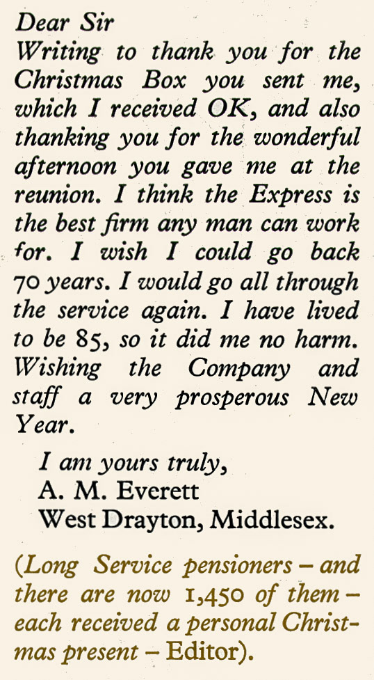 1975 85-year old pensioner A.M. Everett of West Drayton expresses thanks for his Christmas Present and reunion. (Express News Spring)