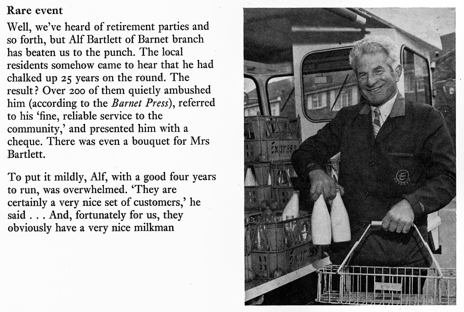 1974 Alf Bartlett retires after 25 years from Barnet Depot. Courtesy Doreen Williams)