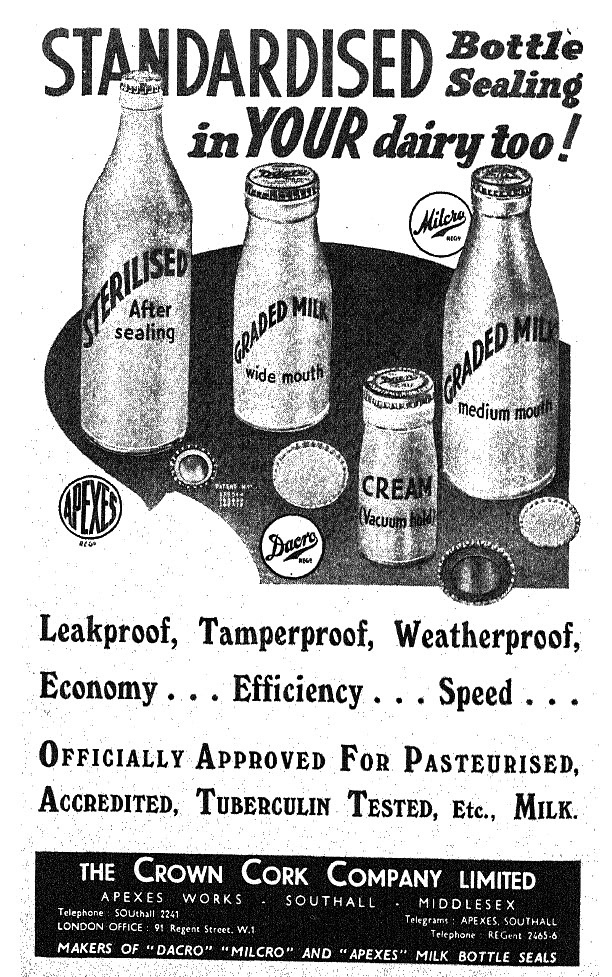 1938 Crown Cork Co advertisement for bottle sealing systems. The Company was based in Southall, Middlesex. 1938 Crown Cork Co advertisement for bottle sealing systems. The Company was based in Southall, Middlesex. (From Milk Producer magazine)