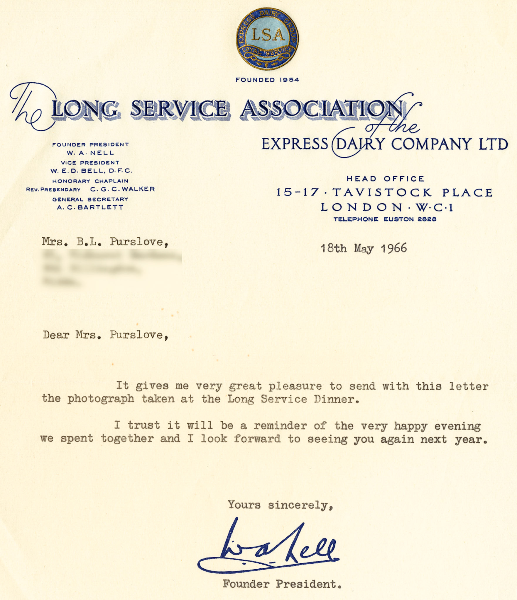 1966 LSA 10th Annual Dinner Letter from Walter Nell (Courtesy Beryl Purslove)