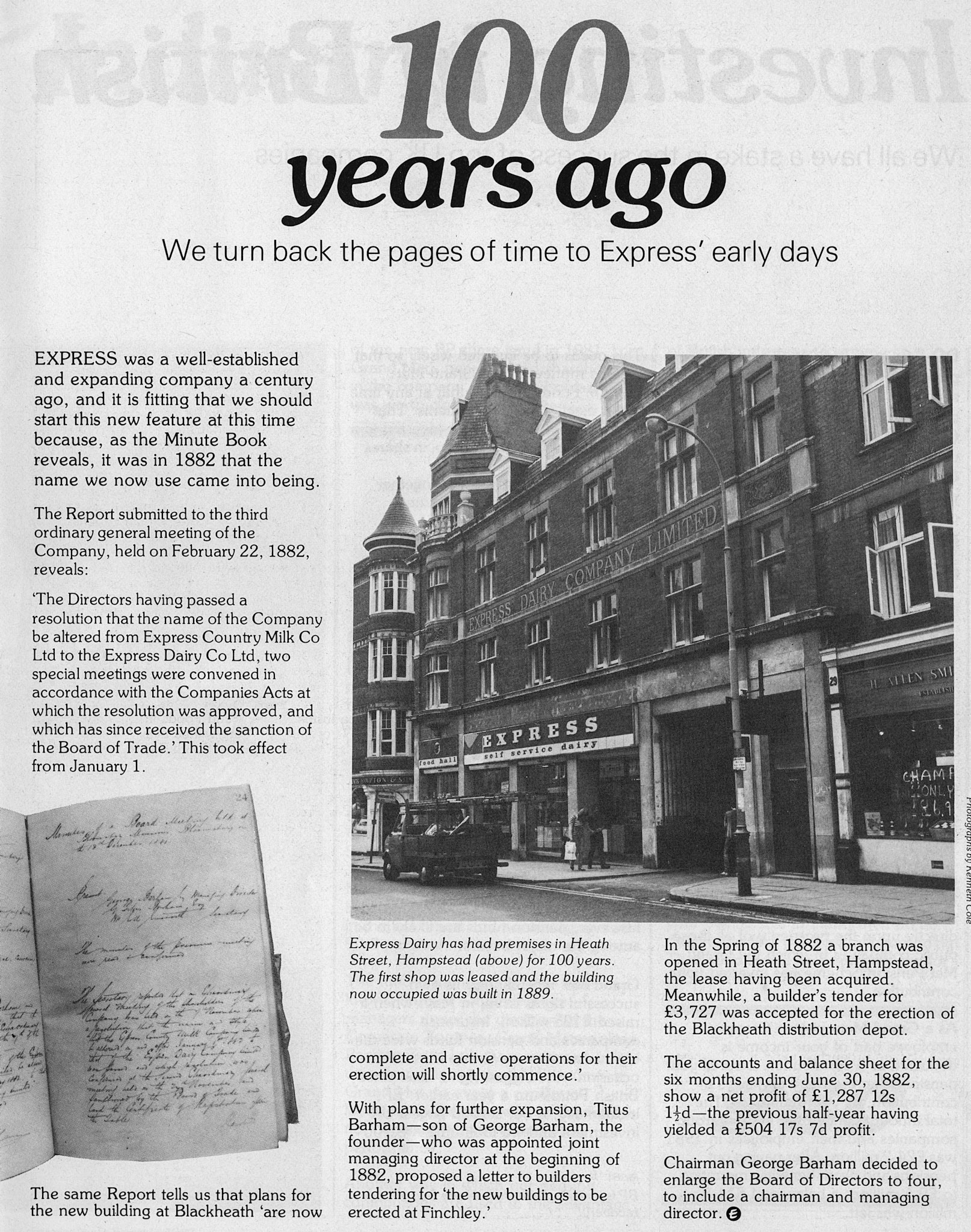 1882 Express Dairy's first shop in Heath Street, Hampstead (Express News Summer 1982)