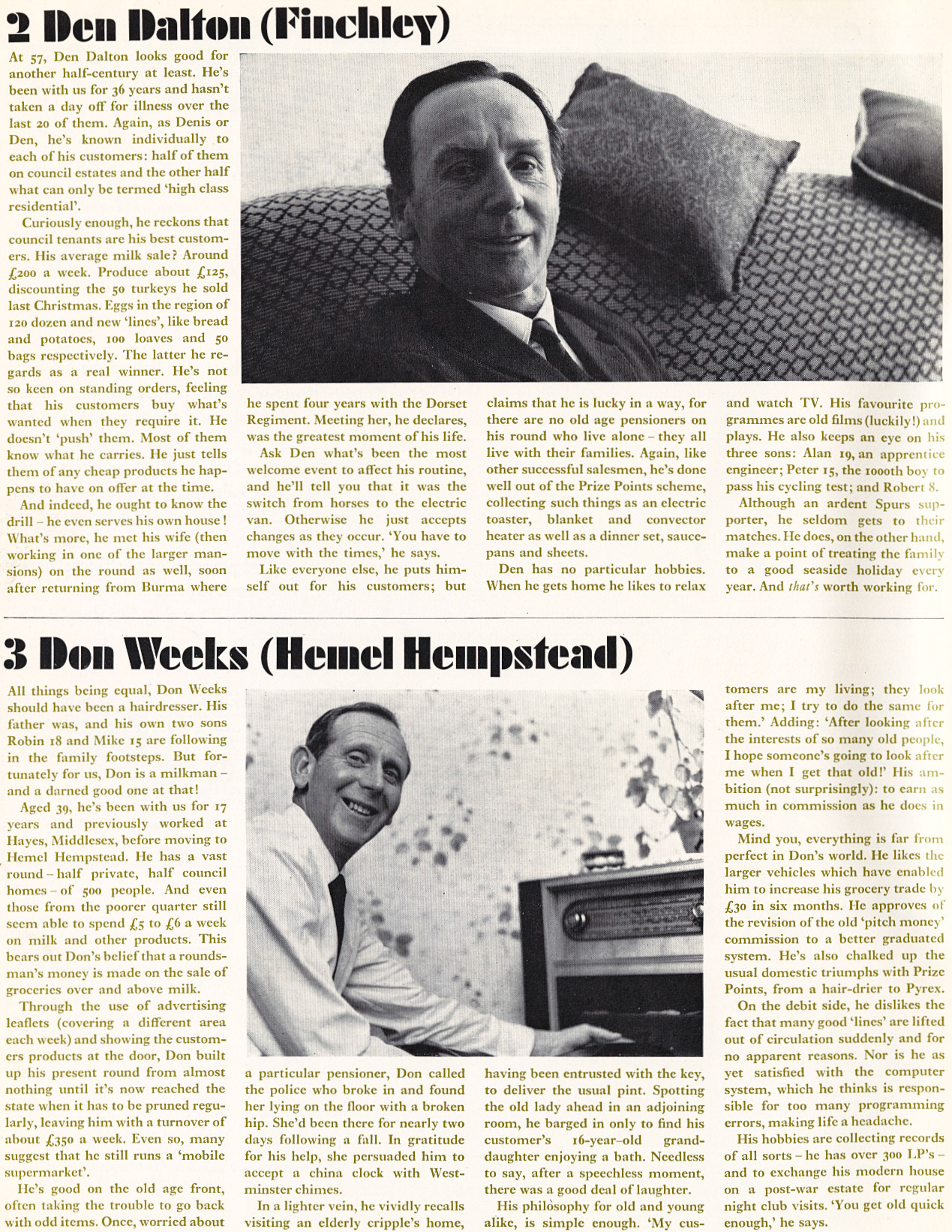 1969 Profile of nine top milkmen in London - Den Dalton (Finchley), Don Weeks (Hemel Hempstead)