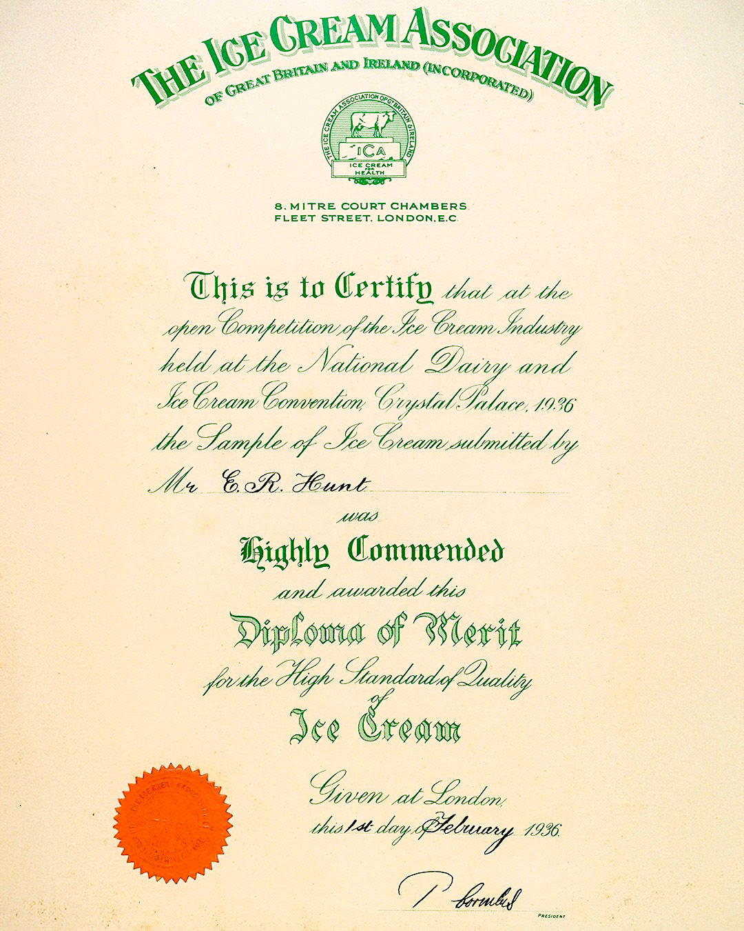 1936 Hunt's Food Group-"...when our ice cream production first hit 100 gallons a day! It wasn’t long before the hard work paid off; we started winning awards, including a ‘Highly Commended’ honour at the National Dairy &amp; Ice Cream Convention at Crystal Palace." (Courtesy Hunt's Food Group FB Page)
