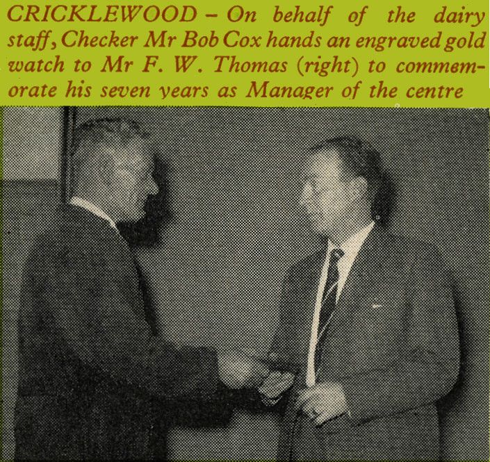 1958 Cricklewood checker Bob Cox presents an engraved watch to Mr F.W. Thomas to commemorate 7 years as manager.  (Express News July)