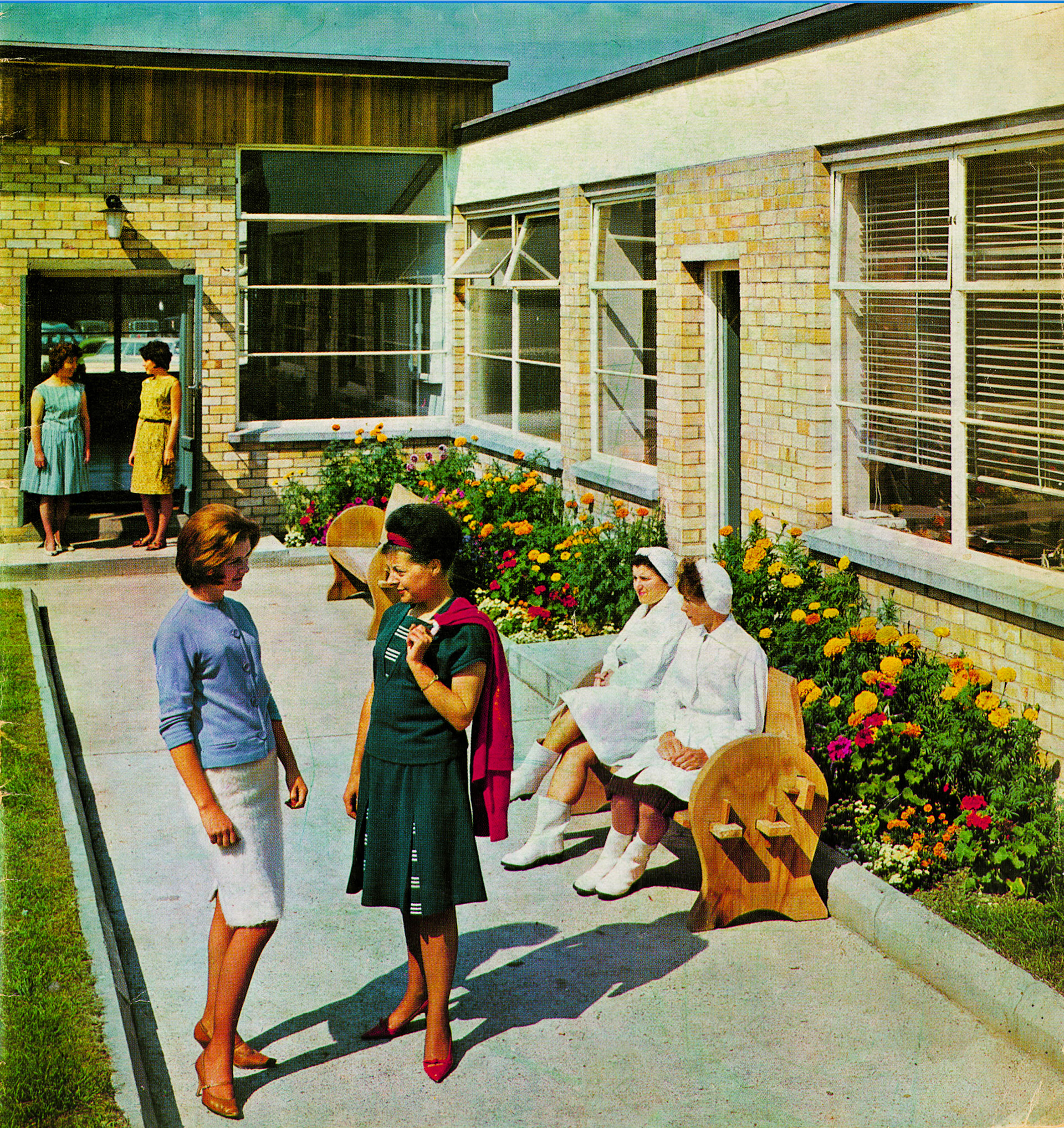 1963 Goldhanger Fruit Farm's new canteen block, with (L-R) Mrs Maureen Lewis, Mrs Irene Harrow, Mrs Sylvia Morris, Miss Yvonne Rice, Miss Rosa Cuomo and Miss Pansy Page (Express News Autumn, Front Cover)