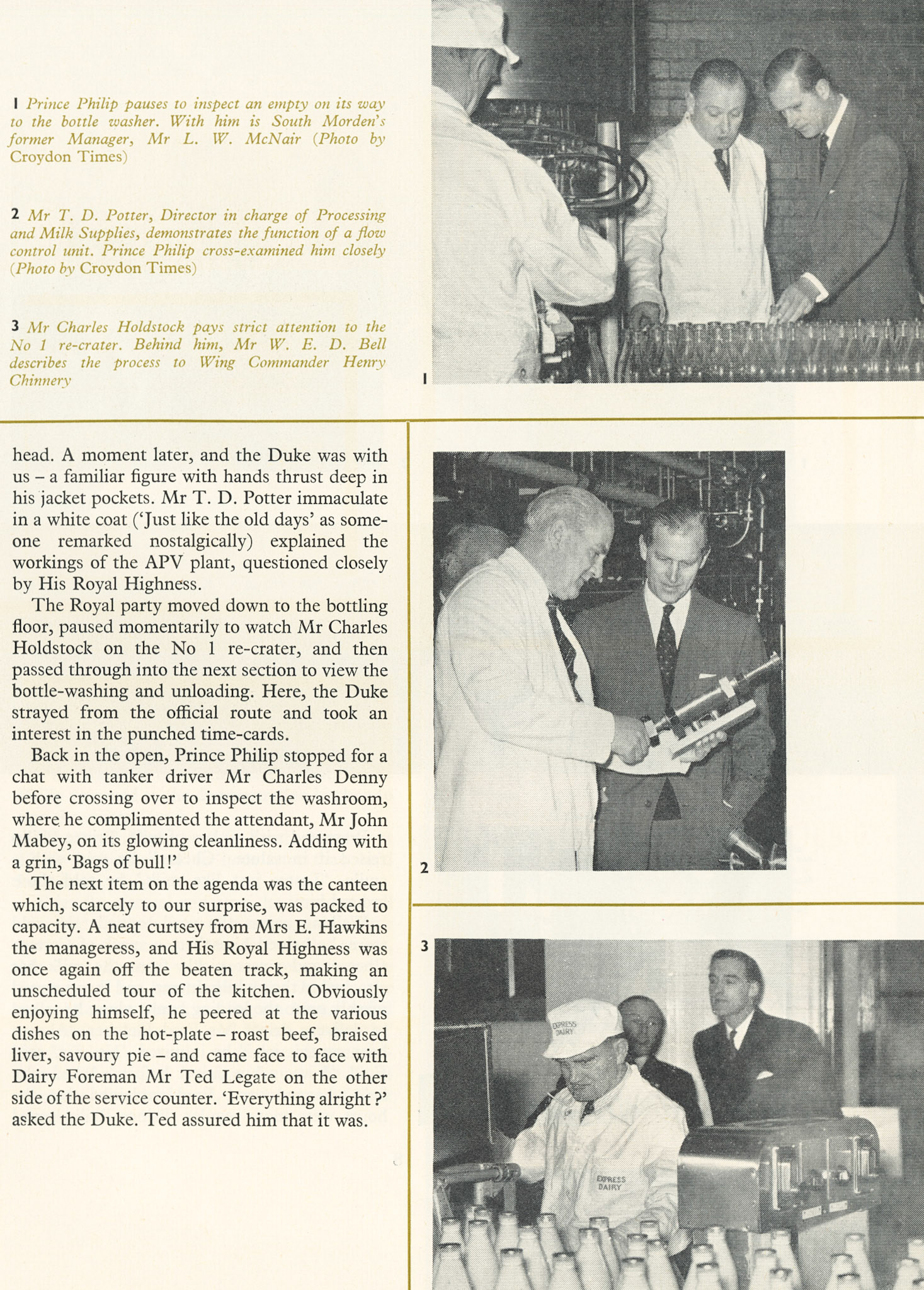 1957 Prince Philip visits South Morden Processing on 12th November, published in Express News March 1958