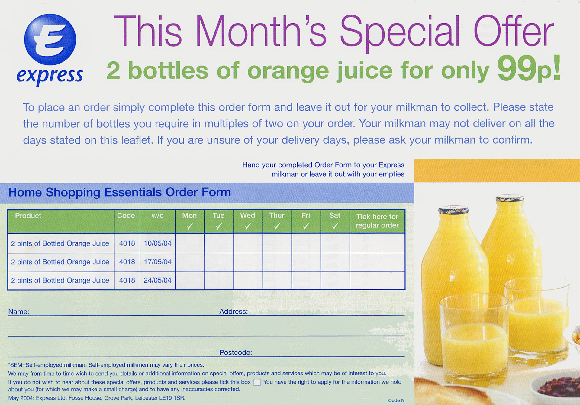 2004 Milkman's doorstep leaflet promoting orange juice in glass bottles and grocery items. (Courtesy Mark Hudson)