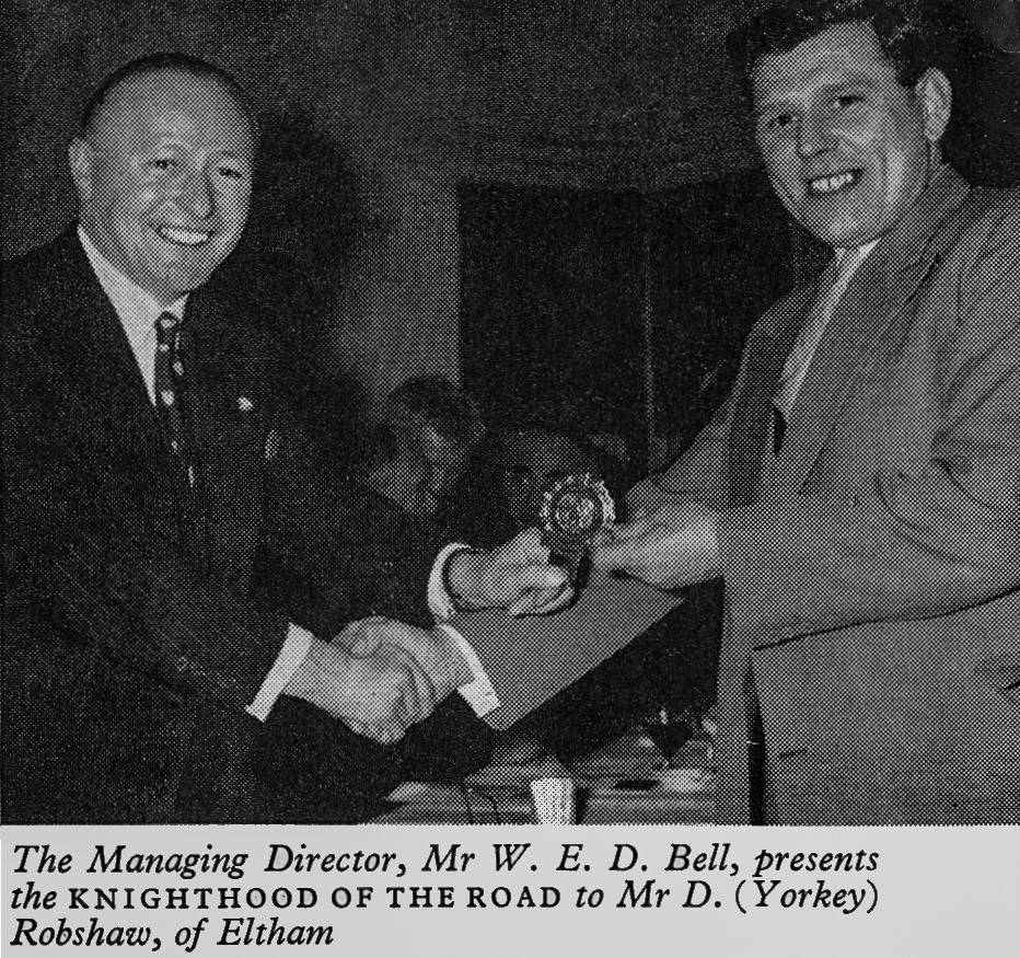 1956 Knighthood of the Road presented to Dennis 'Yorky' Robshaw, then at Eltham Depot, later at South Morden. Yorky took a seriously injured child to an ambulance station. (Express News July)