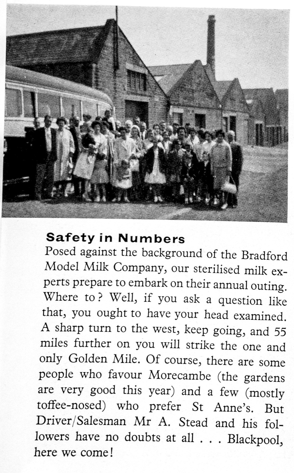 1961 Bradford Model Milk company staff including Mr A. Stead on their annual outing, to Blackpool. (Express News Autumn)