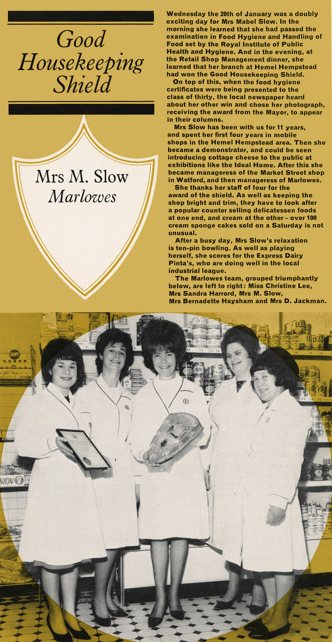1965 Mrs M Slow receives the Good Housekeeping Shield for the Marlowes shop at Hemel Hempstead. (Express News Spring)