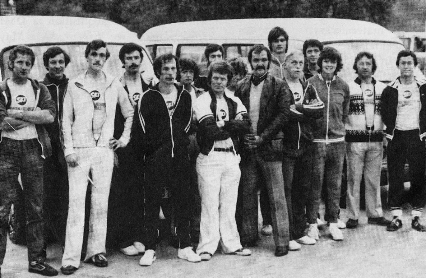 1981 Staplemead charity team competed in an 85 mile relay race against Cuddington. Frank Dineen and Denis Hawkes identify, from left: 1-John Fisher, 2-Jeremy Haines, 3-Graham Phillips, 4?, 5-James McAlpine, 6-Maureen McAlpine, 7-11? 12-Colin Berry, 13-Arthur Priddle, 14-Kim Messenger, 15-Charlie Miller, 16-David Smith (Express News December)