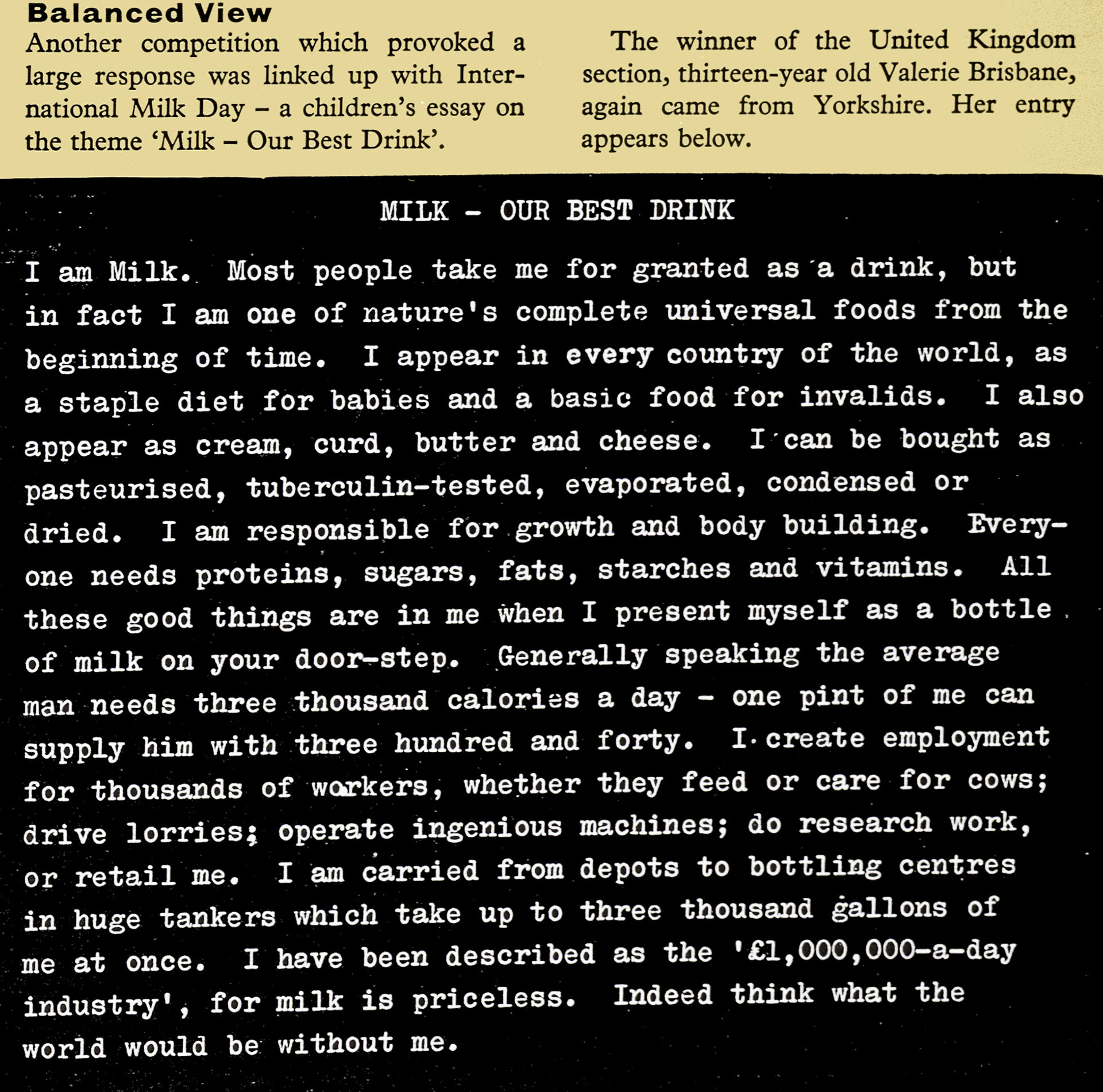 1961 International Milk Day UK winner was Valerie Brisbane from Yorkshire, who wrote this entry 'MILK-OUR BEST DRINK'. (Express News Autumn)
