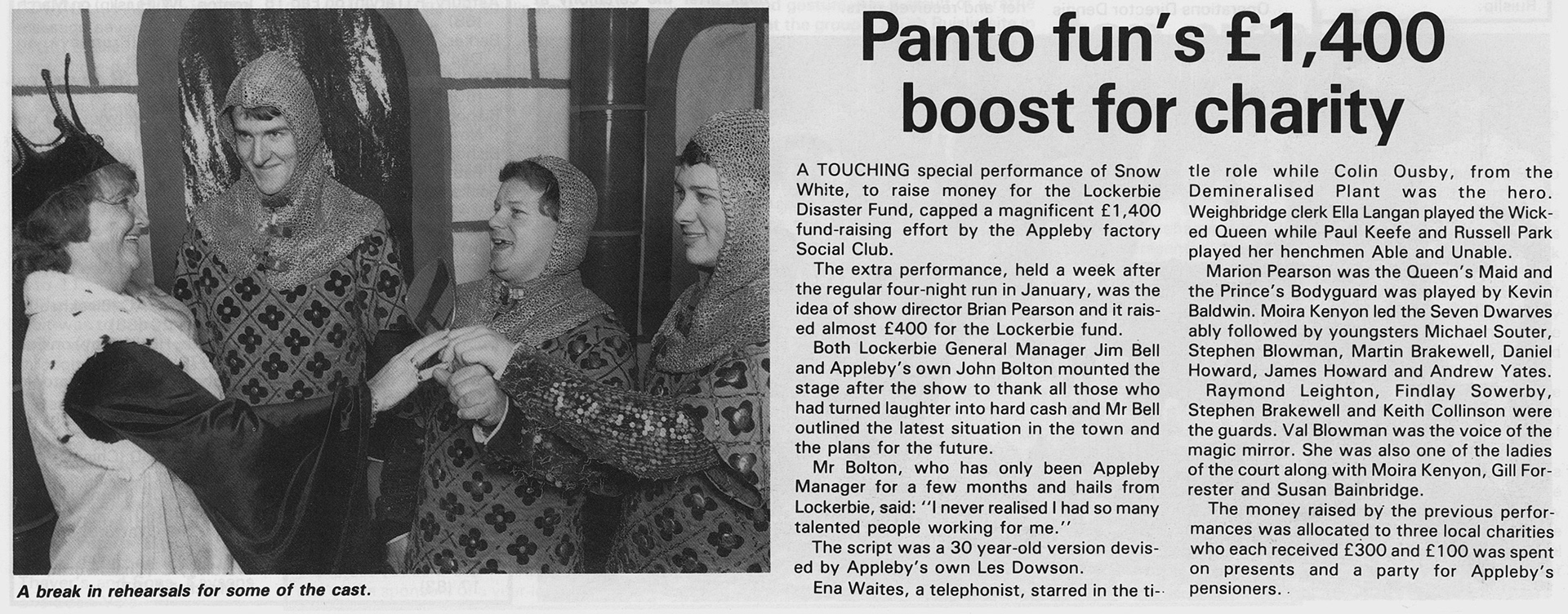 1989 Snow White performance by Lockerbie and Appleby to support Lockerbie Disaster Fund - Express Foods News (Courtesy Beryl Purslove)