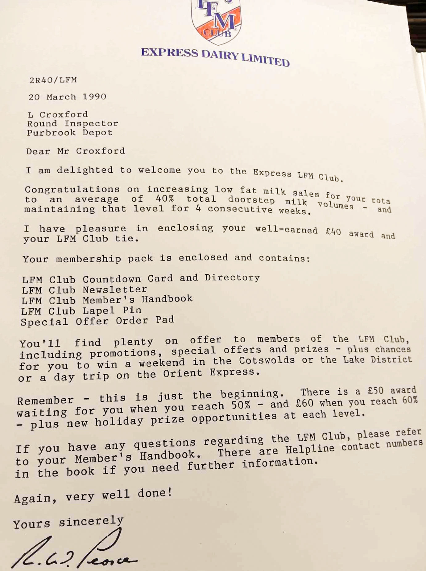 1990, Low Fat Milk Club letter (Courtesy Leslie Croxford)