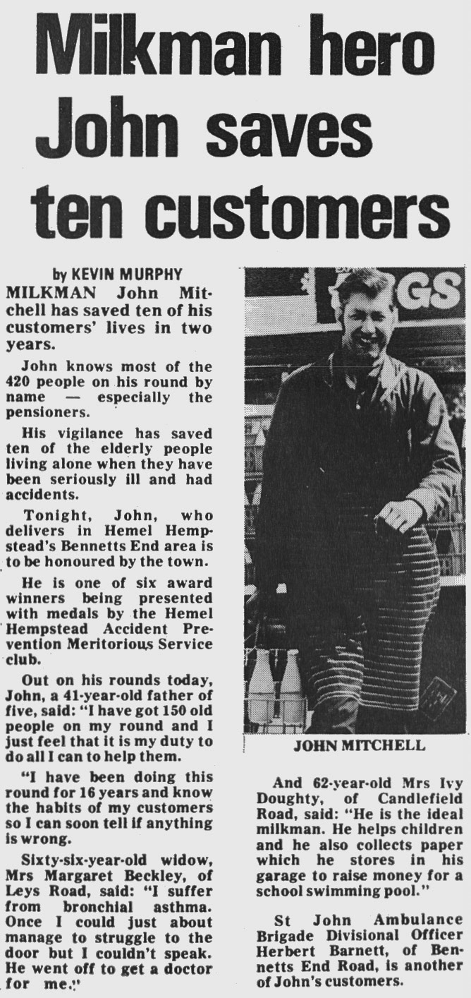 1972 Hemel Hempstead milkman John Mitchell is a life saver. (Express News Autumn)