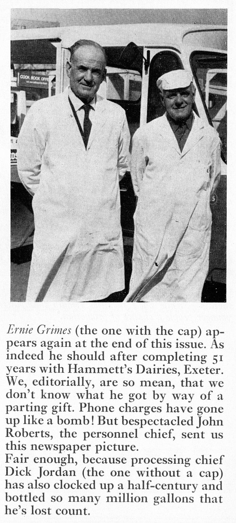 1973 Ernie Grimes retires from Hammett's Dairies, Exeter after 51 years