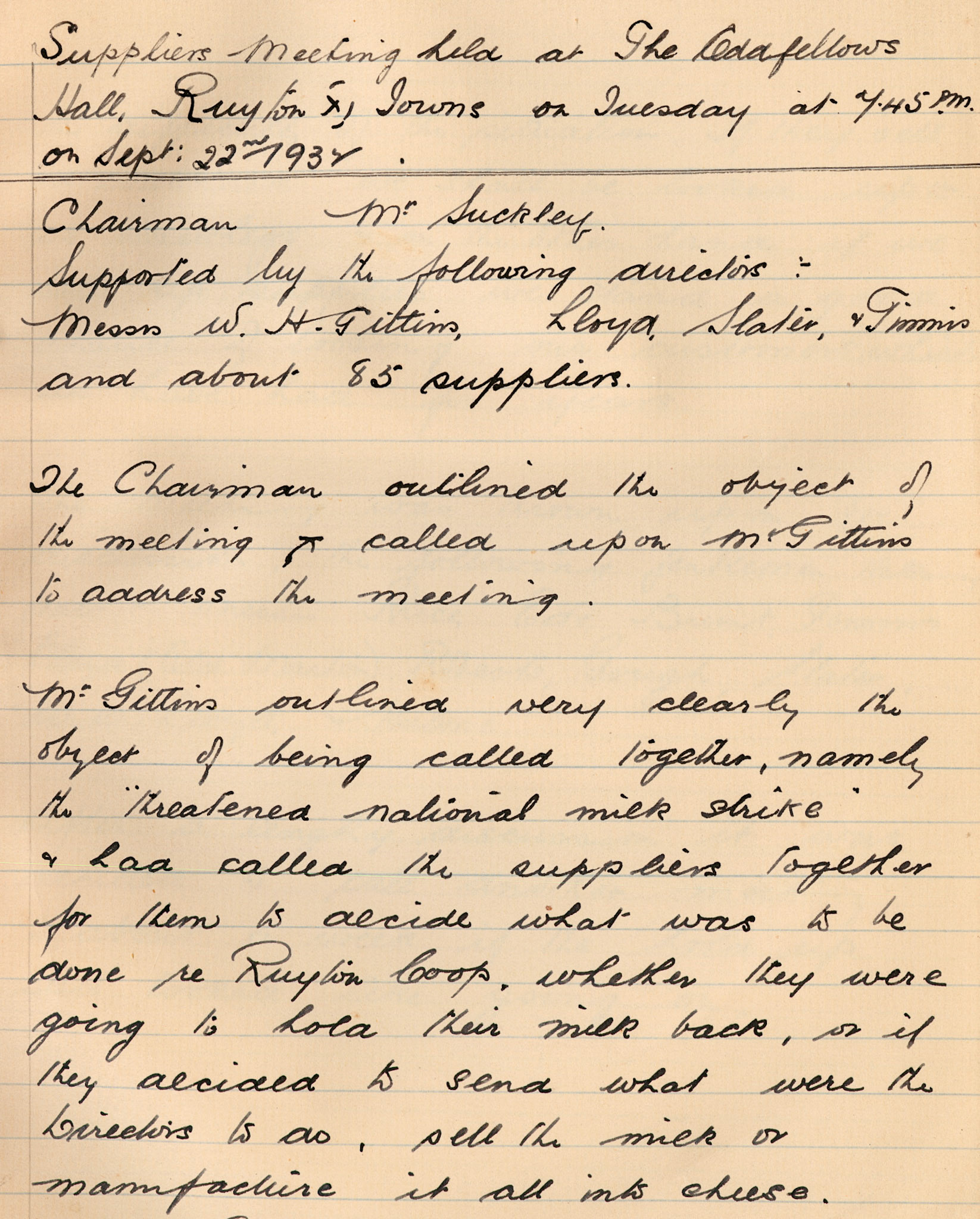 1931 Extract from Directors & Suppliers Meetings, 22nd September. The proposed NFU national milk strike and its effects were discussed.