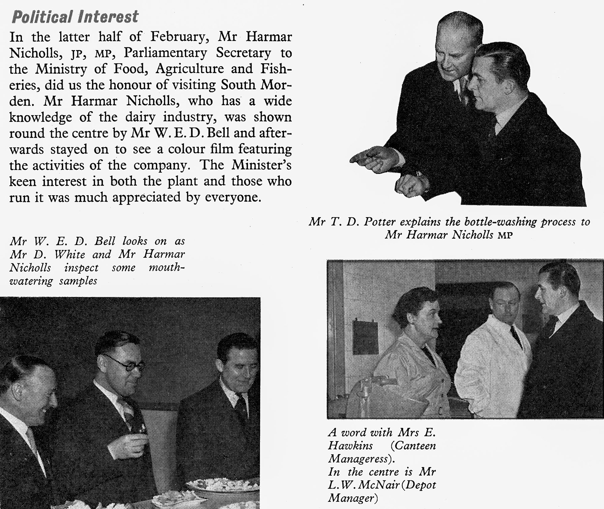 1956 South Morden hosts Mr Harmar Nicholls MP, with W.E.D. Bell, T.D. Potter, L.W. Mcnair (Depot Manager) and Mrs E. Hawkins (Canteen Manageress). (Express News April)
