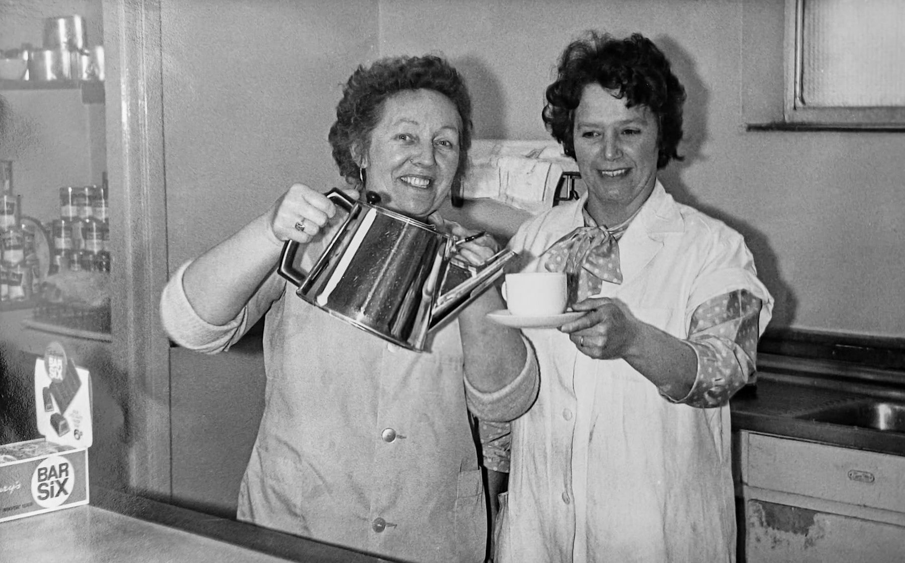1969c Crediton. Phillip comments "My mother Winnie Budd on the left, with Barbara Wright, taken during the recording of 'Down Your Way' BBC programme. Barbara Wright's husband also worked in the dairy." (Courtesy Phillip Budd)