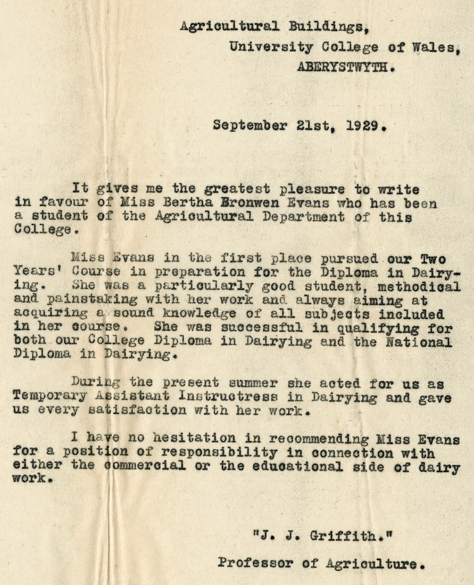 1930 Ruyton Co-operative Dairies-Cheesemaker Job Applications-Miss Bertha Bronwen Evans.