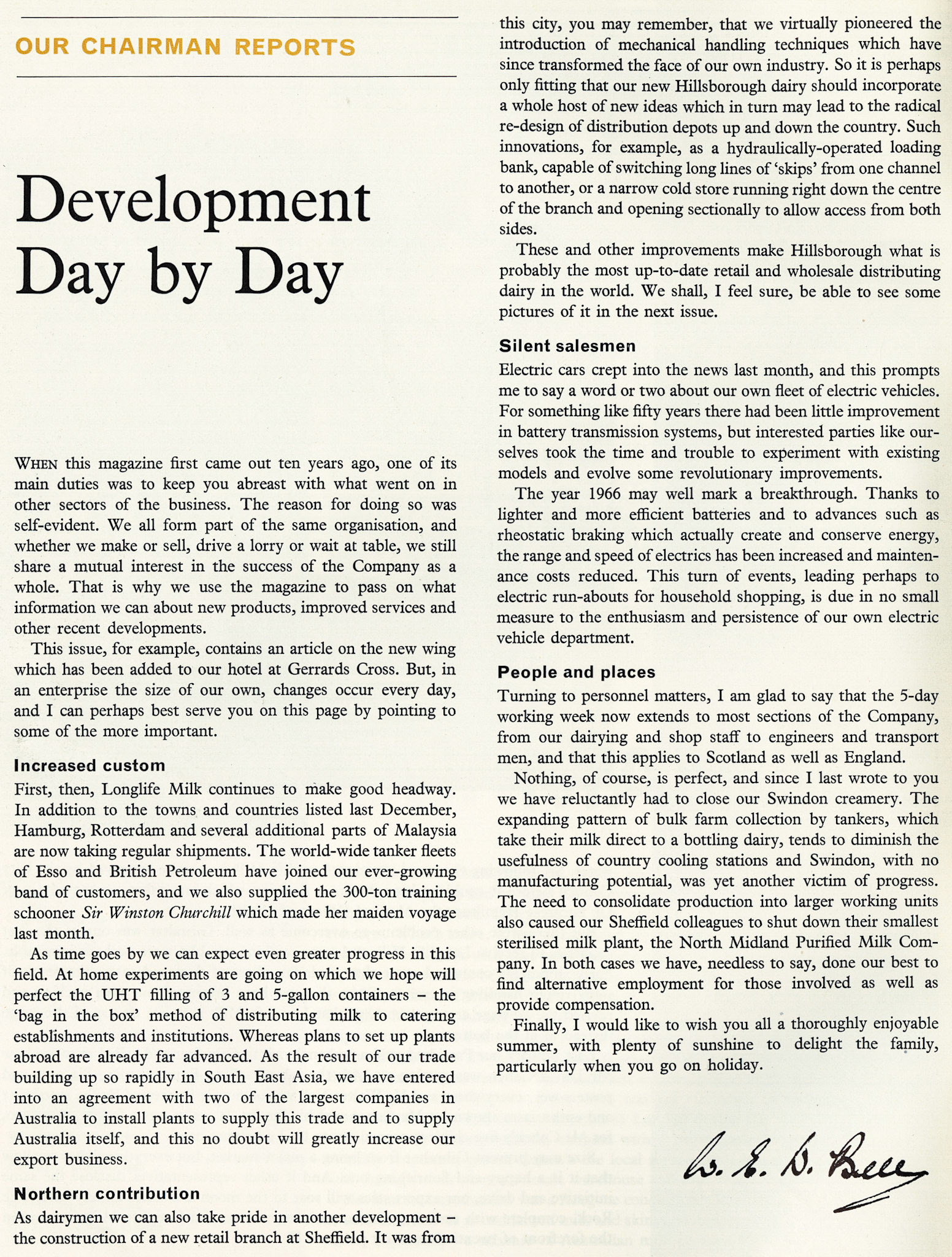 1966 Chairman W.E. BELL comments on Express News magazine, UHT Milk, new Sheffield Retail Branch, electric vehicle improvements and implementation of the five day working week (Courtesy Beryl Purslove)