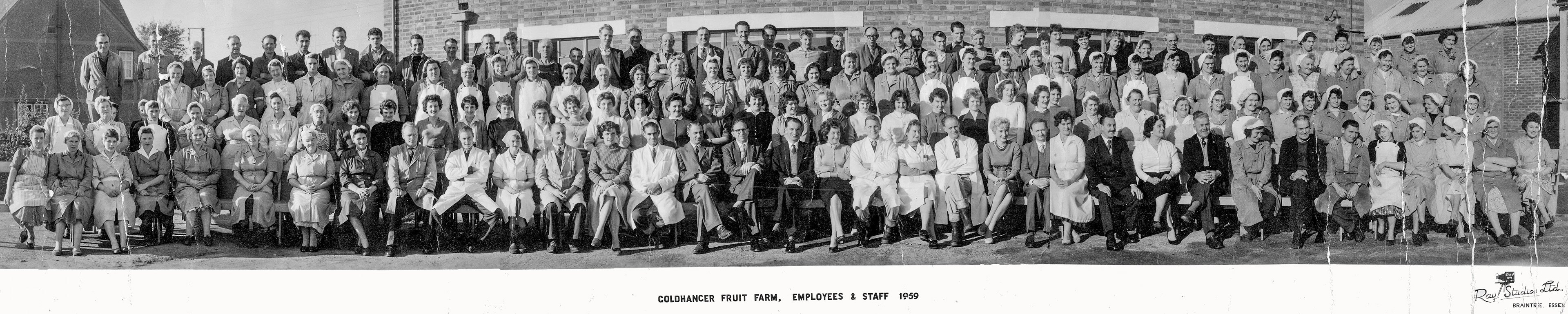 1959 Goldhanger Fruit Farm employees and staff, composite image.  (By Express Dairy Tales, originals courtesy Karen Tuke, Tolleshunt Major in Words and Pictures old Photos on Facebook).