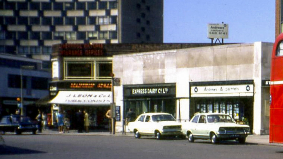 1970 Morden shops: 2 Crown Lane &amp; 86-84 London Road (J Leon &amp; Co tobacconist/Express Dairy Co Ltd/Andrews &amp; Partners estate agent) (Courtesy Bill Rudd, Merton Historical Society)