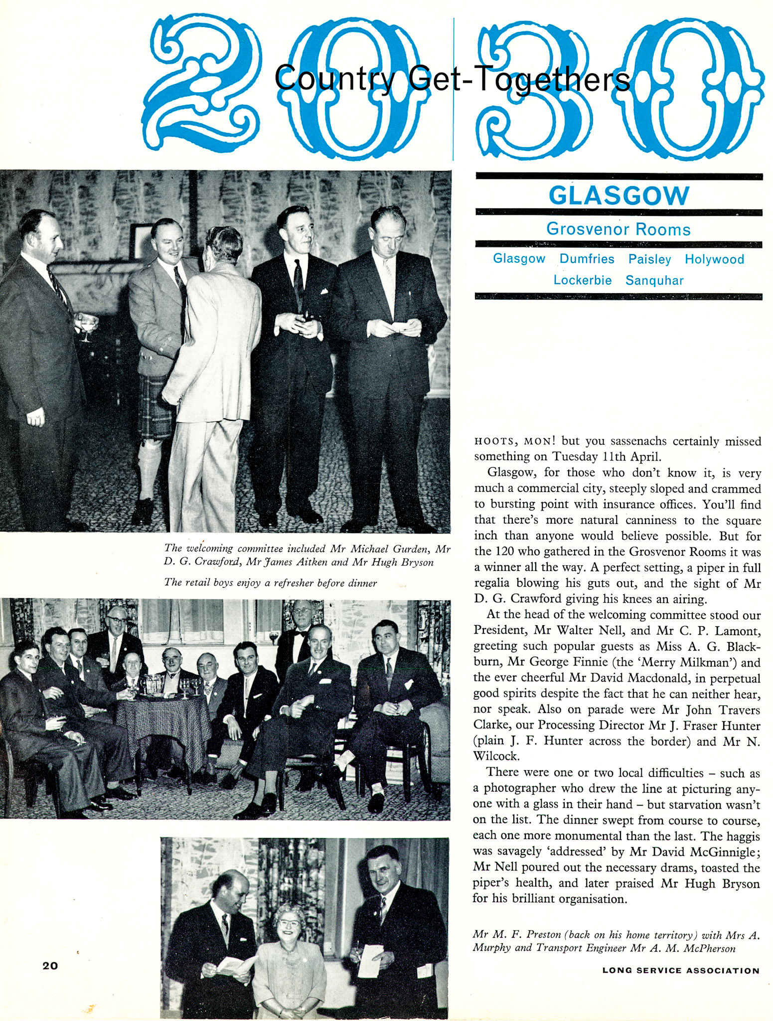 1961 Glasgow, Dumfries, Paisley, Holywood, Lockerbie and Sanquhar Long Service Dinner in Glasgow.  (LSA Annual Review)