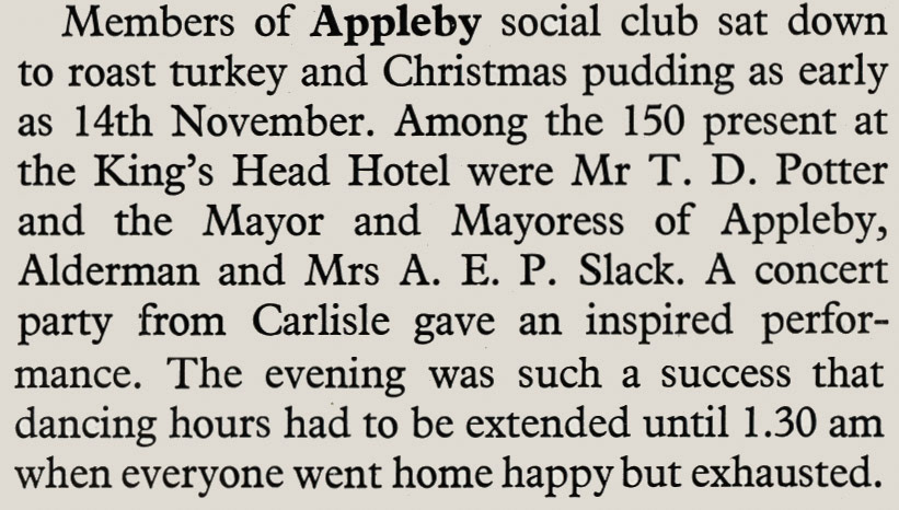 1959 Account of Applyby Social Club's Christmas dinner. (Express News March)