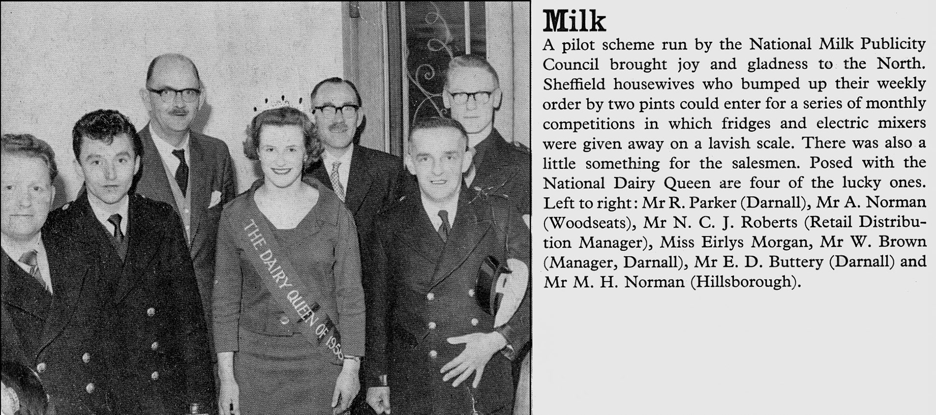 1959 Sheffield milk promotion prizewinners pose with the National Dairy Queen. (Express News October)