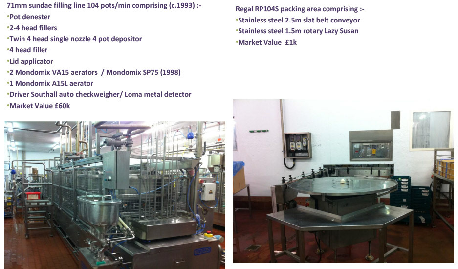 2012 Minsterley: Desserts Filling Equipment-Regal RP104S 71mm 4 pot Filling and packing line.  (Greencore Asset Sale on purchase by Muller, Courtesy Paul Bloor)