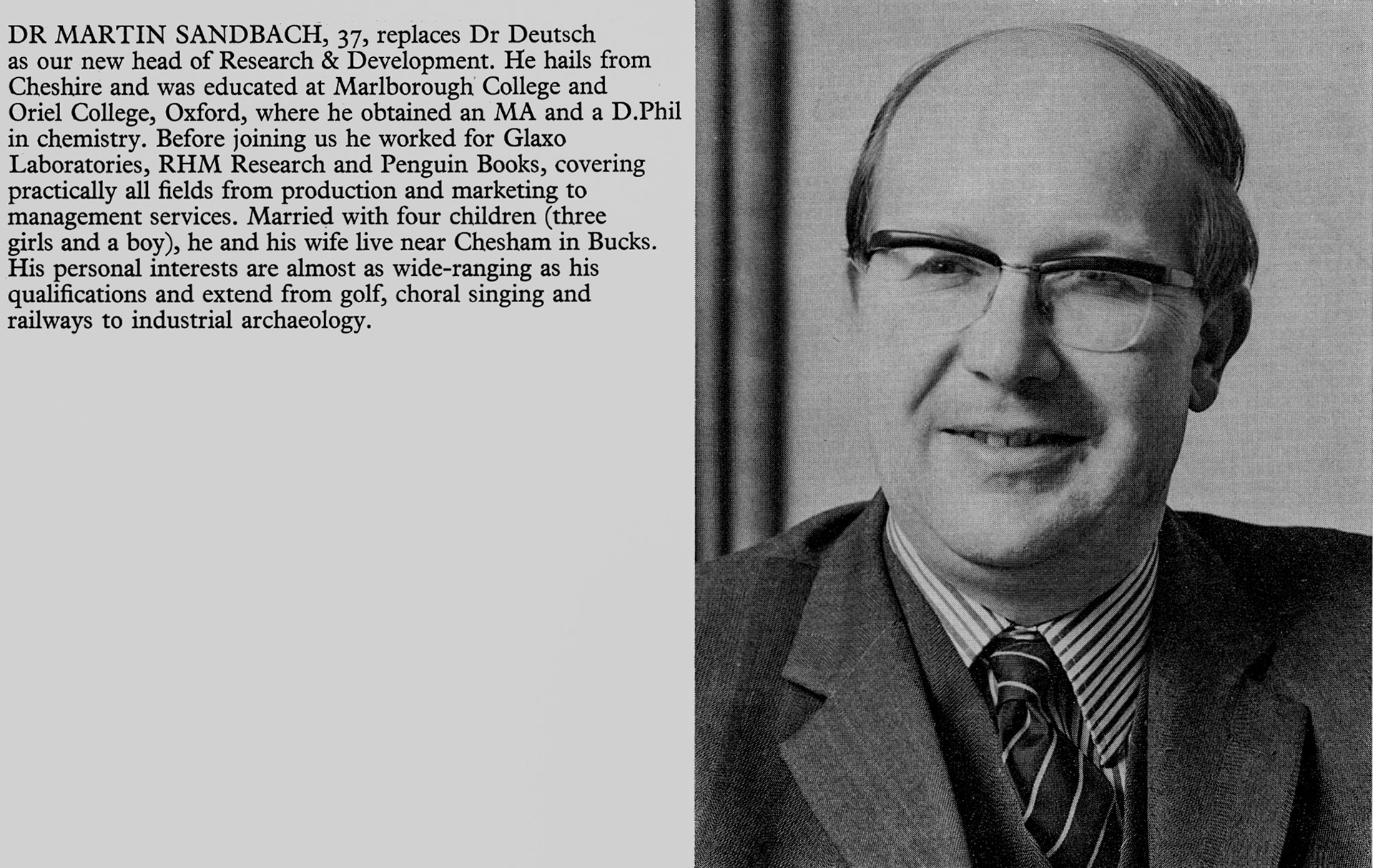 1976 Profile of Dr Martin Sandbach, new Head of R&amp;D (Express News Spring)