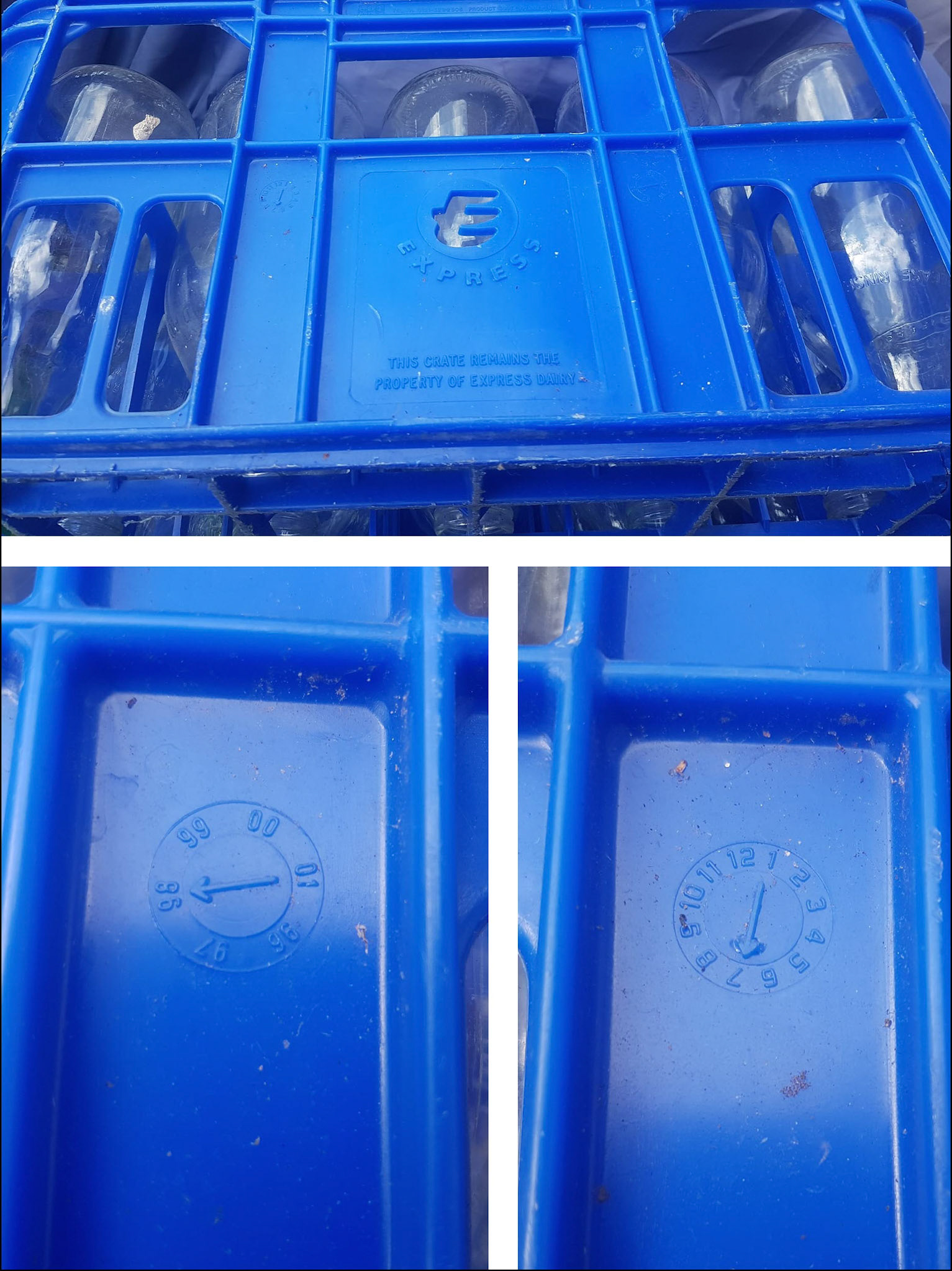 1998 Peter Rowland explains "I've tried to show how you can see old crates are: this was made for Express in July 1998. The clock faces show the dates."