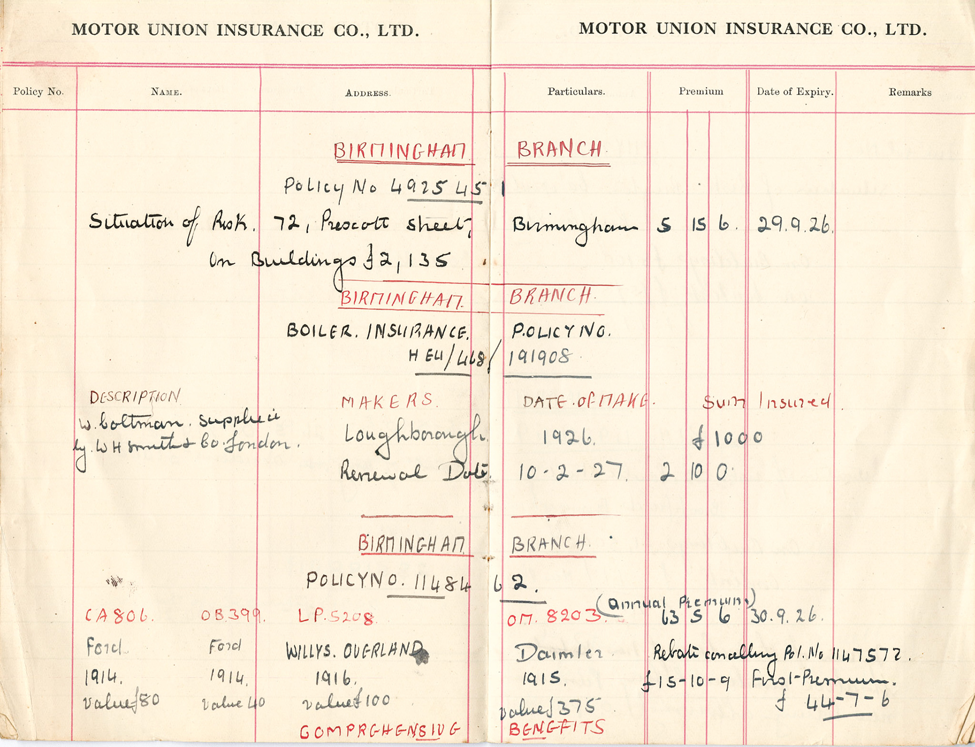 1925-6 Property, Boiler and Vehicle Insurance