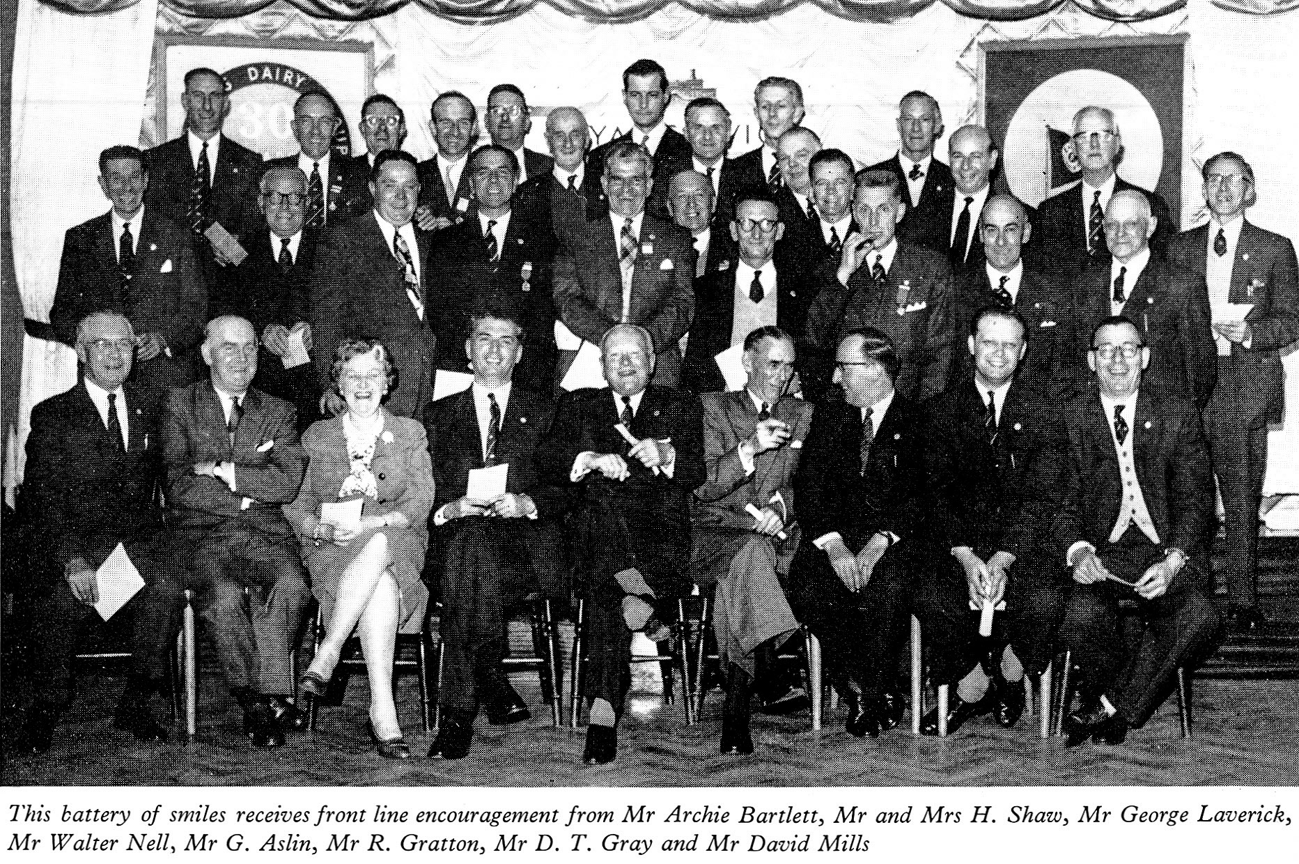 1961 Long Service Dinner at the King's Head Hotel, Horsham for staff from Billingshurst and Horam creameries. Mr Archie Bartlett (Chief Office), Mr and Mrs H. Shaw, Mr George Laverick (Chief Office), Walter Nell (Chairman), Mr G. Aslin (Horam), Mr R. Gratton, Mr D.T. Gray and Mr David Mills (T.H. Lewis). Nick Thompson "I remember my dad Syd Thompson going to some dinners there, he is second from the left on the back row. I also recognise Les Banner (in the centre of the middle row) and  Bert Emery (third from the left of the middle row)." John Southwell "I knew Roy Gratton when he was manager of Whittington". (LSA Annual Review)